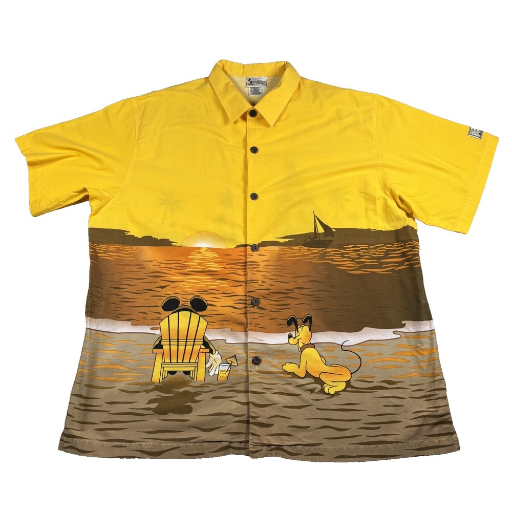 Vintage Walt Disney World Hang Loose Men's XL Yellow Hawaiian Shirt Mickey Pluto